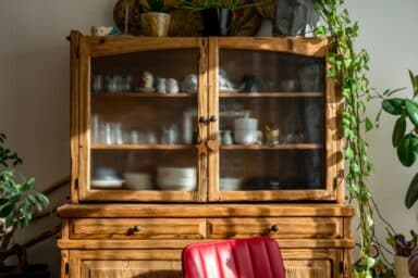 A wooden cabinet with green plants, creating a cozy atmosphere and symbolizing the family caregiving experience